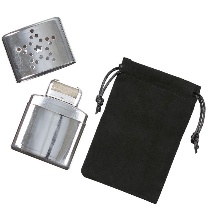 MFH, Handwärmer, Taschenwärmer, chrom, Transportbeutel